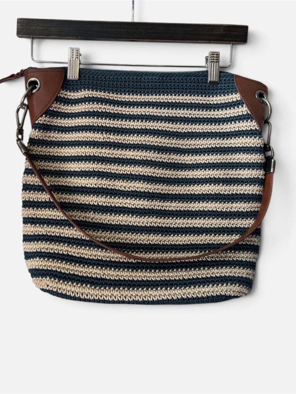 The Sak Navy and Cream Striped Crochet Shoulder Bag with Brown Trim